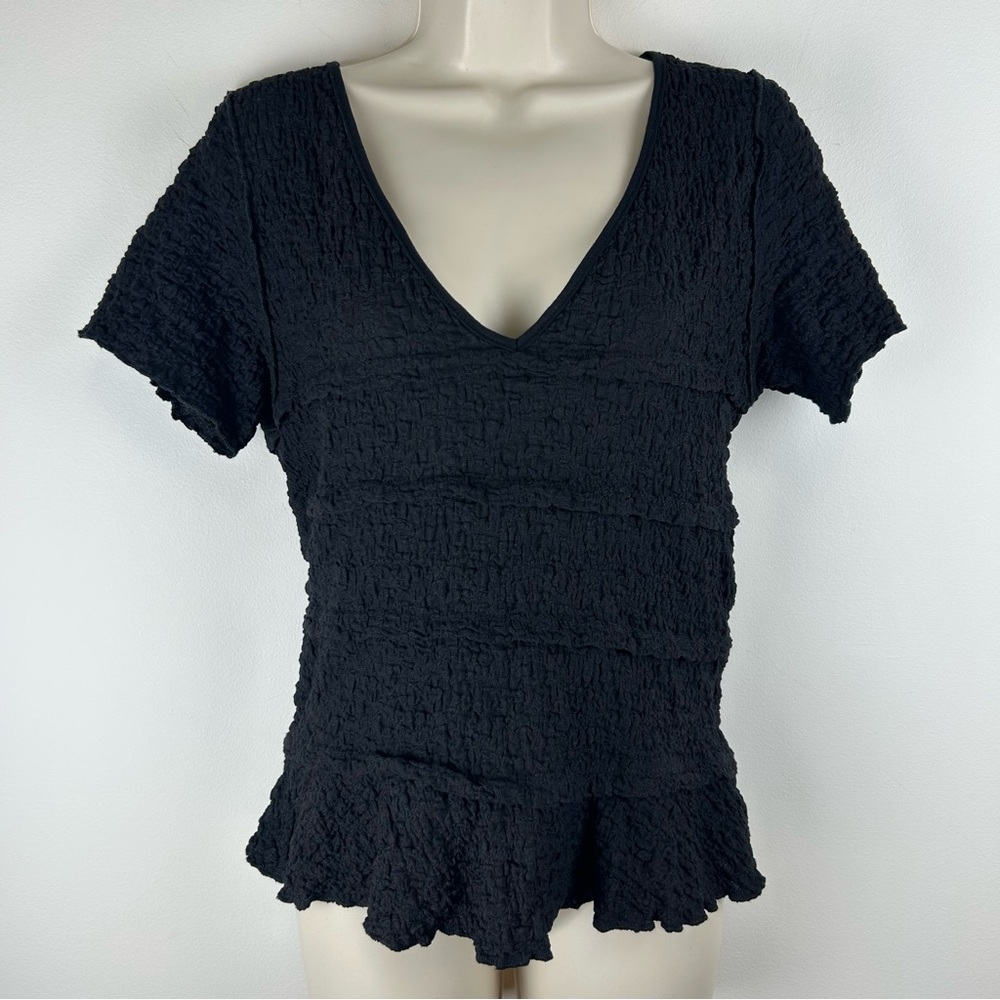 NWT Umgee Black Textured Smocked Peplum Hem Top Women’s sz L Capsule Wardrobe